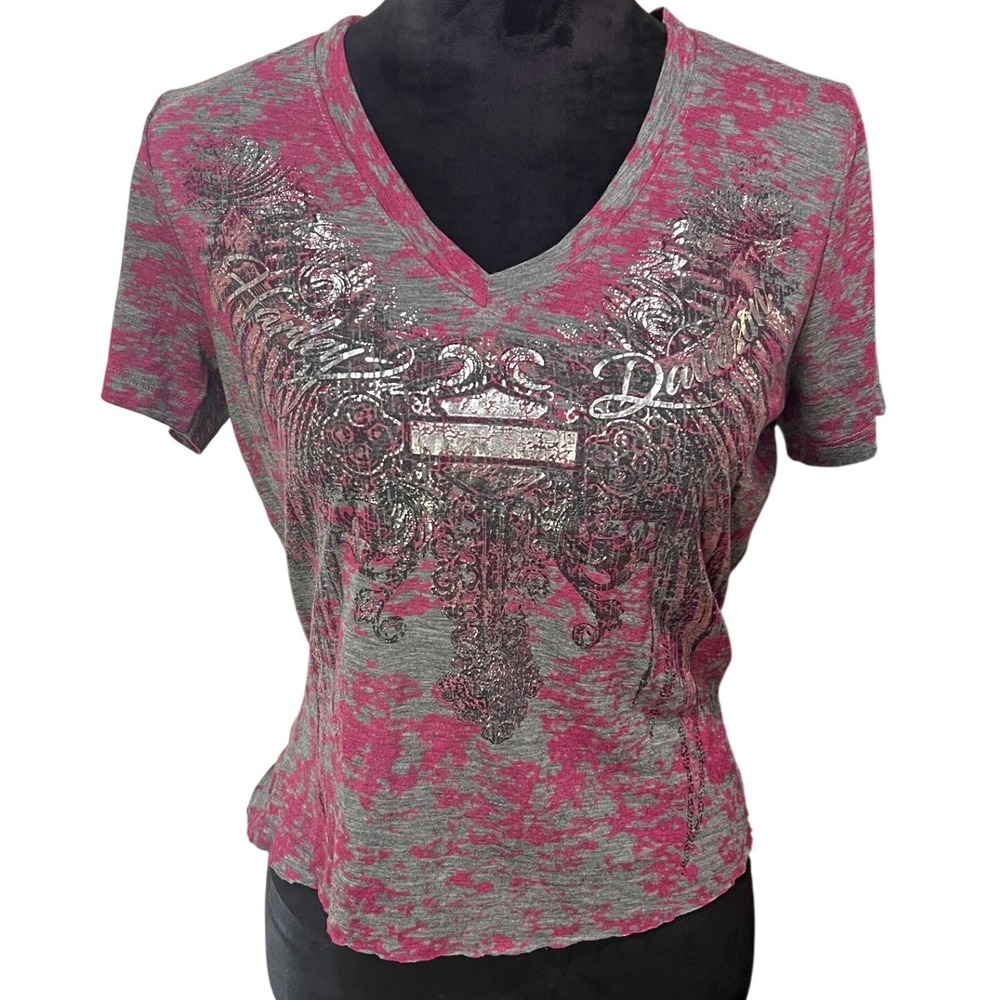 Harley-Davidson Y2K Biker Pink Grey Foil Graphic V-Neck Tattoo Wings Medium